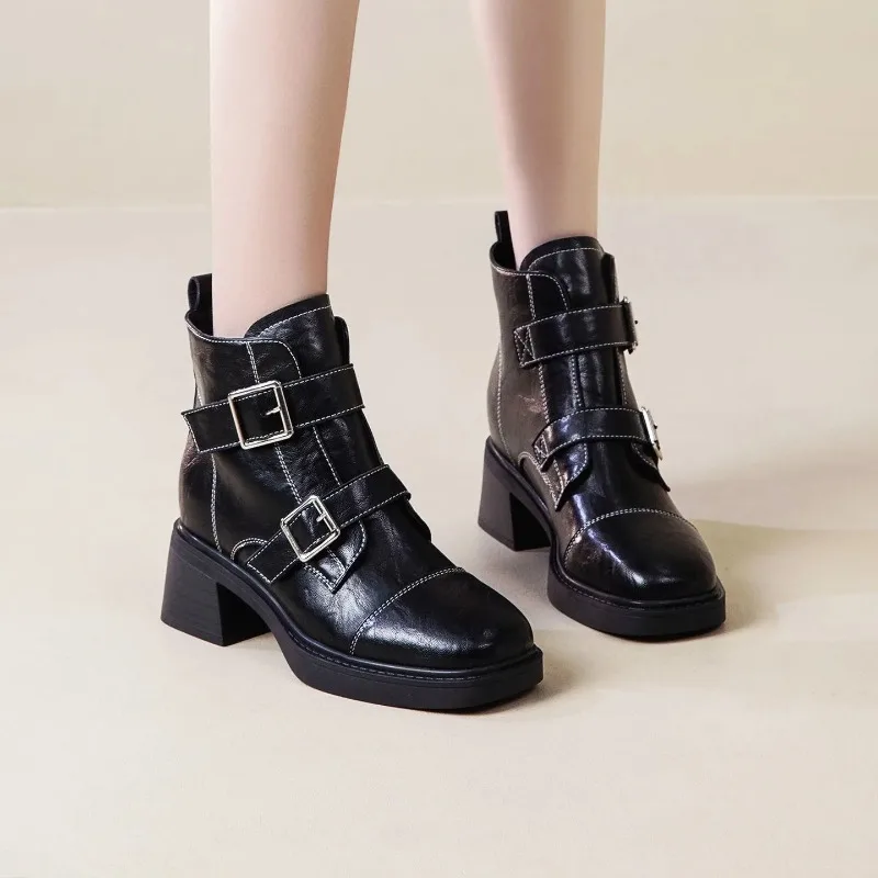 Autumn New Retro British Style Platform Inside Heightened Block Heel Double Buckle Hundred Booties