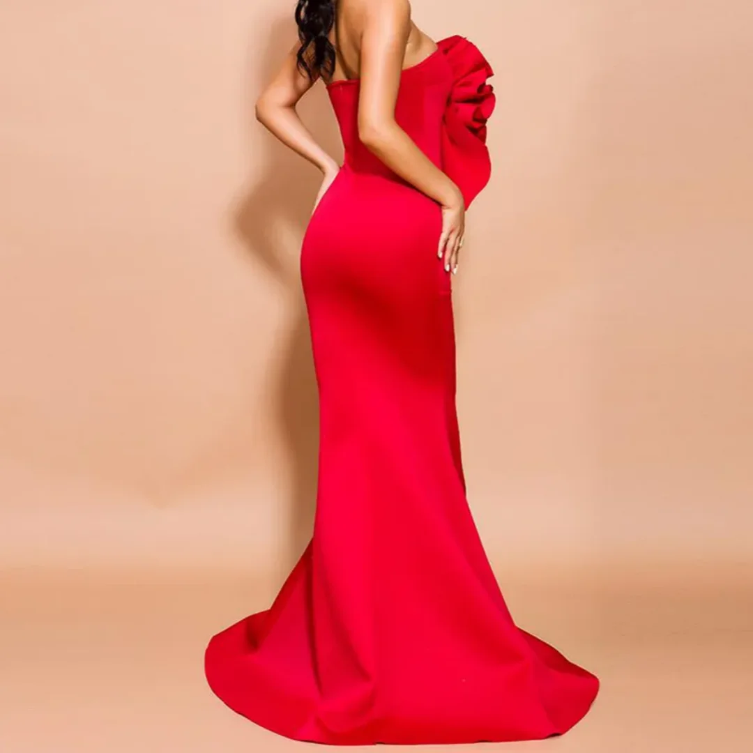 シックな赤い花マーメイドイブニングドレス女性のためのシンプルなサテンホワイト特別な日のパーティードレスプロムカスタマイズ