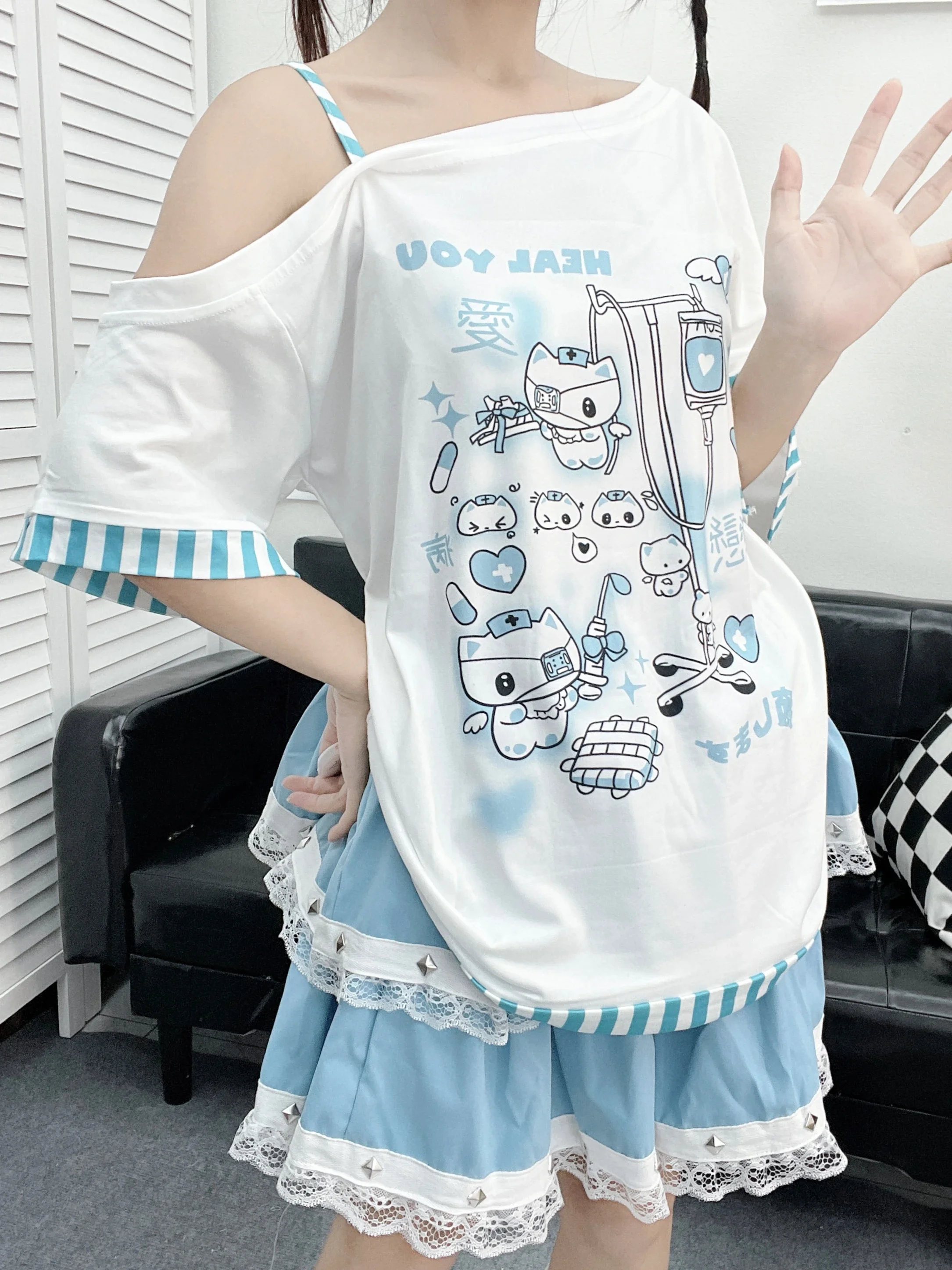 Mulher japonesa kawaii y2k harajuku camisetas bonito roupas femininas retalhos kawaii doce dos desenhos animados impressão listra y2k roupas topo