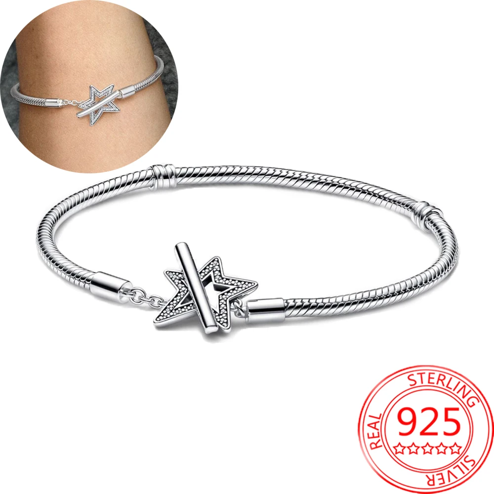 

Moments 925 Sterling Silver Asymmetric Star T-bar Snake Chain Bracelet Anniversary Gift Jewelry DIY Basic Chain