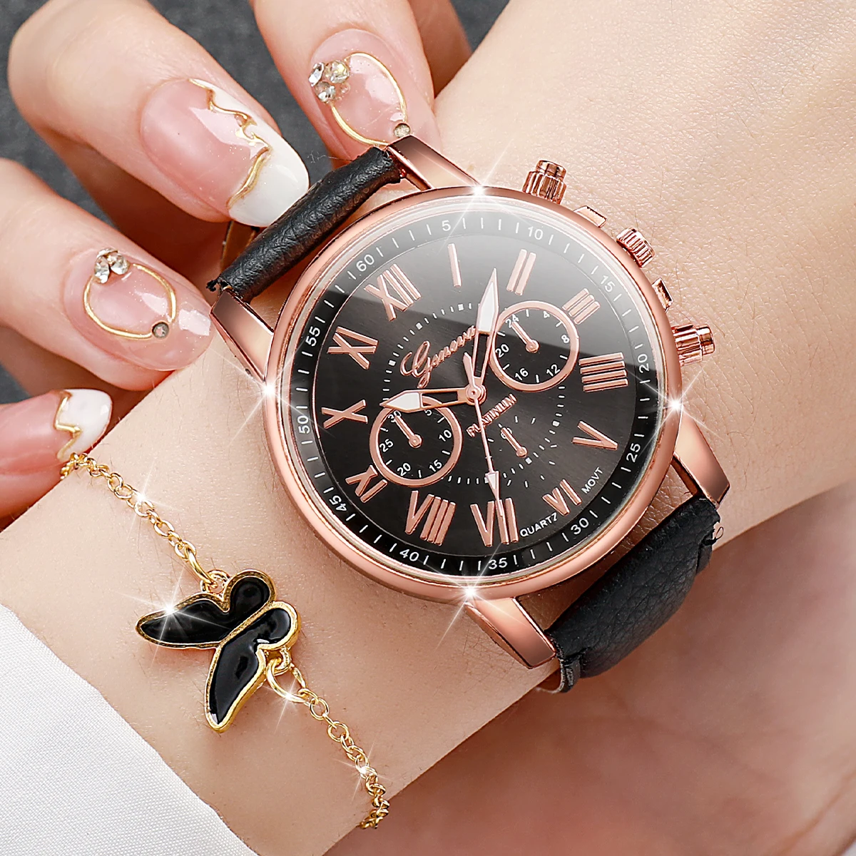 5PCS/Set Geneva Women Watches Fashion Leather Band Quartz Wrist Watch Butterfly Jewelry Set（Without Box）