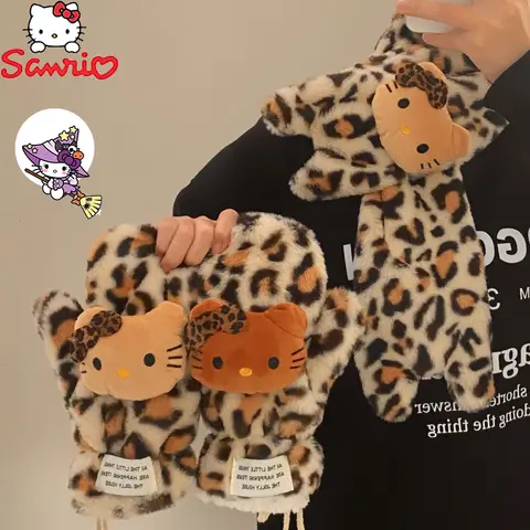 새로운 헬로 키티 플러시 레오파드 프린트 장갑 카와이 넥 스카프 Sanrio 두꺼운 내한성 따뜻한 장갑 가을 겨울 크리스마스 선물