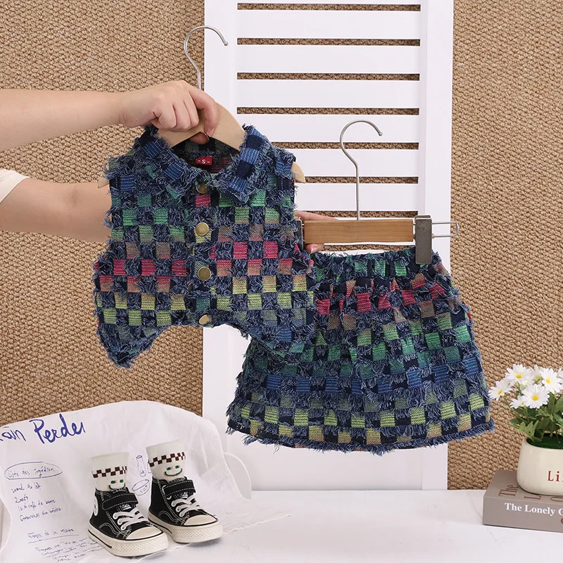 

2025 New Style Children's Summer Fashion Cool and Trendy Plaid Vest and Short Skirt Set for Girls Summer Outfit