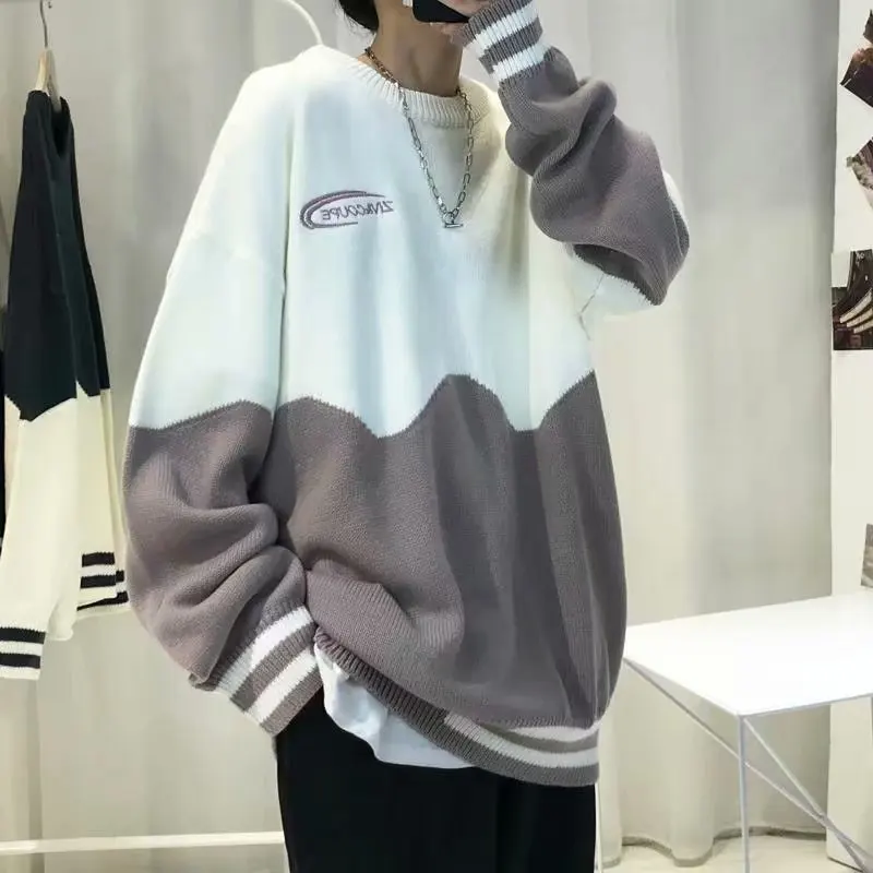 الكورية Sle فضفاضة تناسب جولة Ne مخطط اللون بلو تريكو مريحة عارضة طويلة Sve الرجال سترة Faionable الخريف... #1