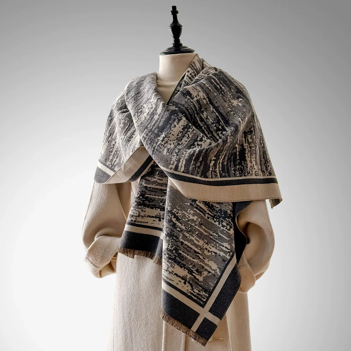 

Элегантная жаккардовая шаль из пашмины с цветочным принтом для женщин - зимнее толстое теплое двухстороннее ветрозащитное одеяло с кисточками