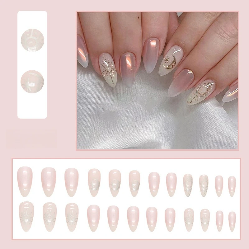 

24Pcs/Set Sweet Cool Aurora Sun Moon Star River Design Fake Nail Art French Wearing False Nails Artificial Acrylic Press on Nail