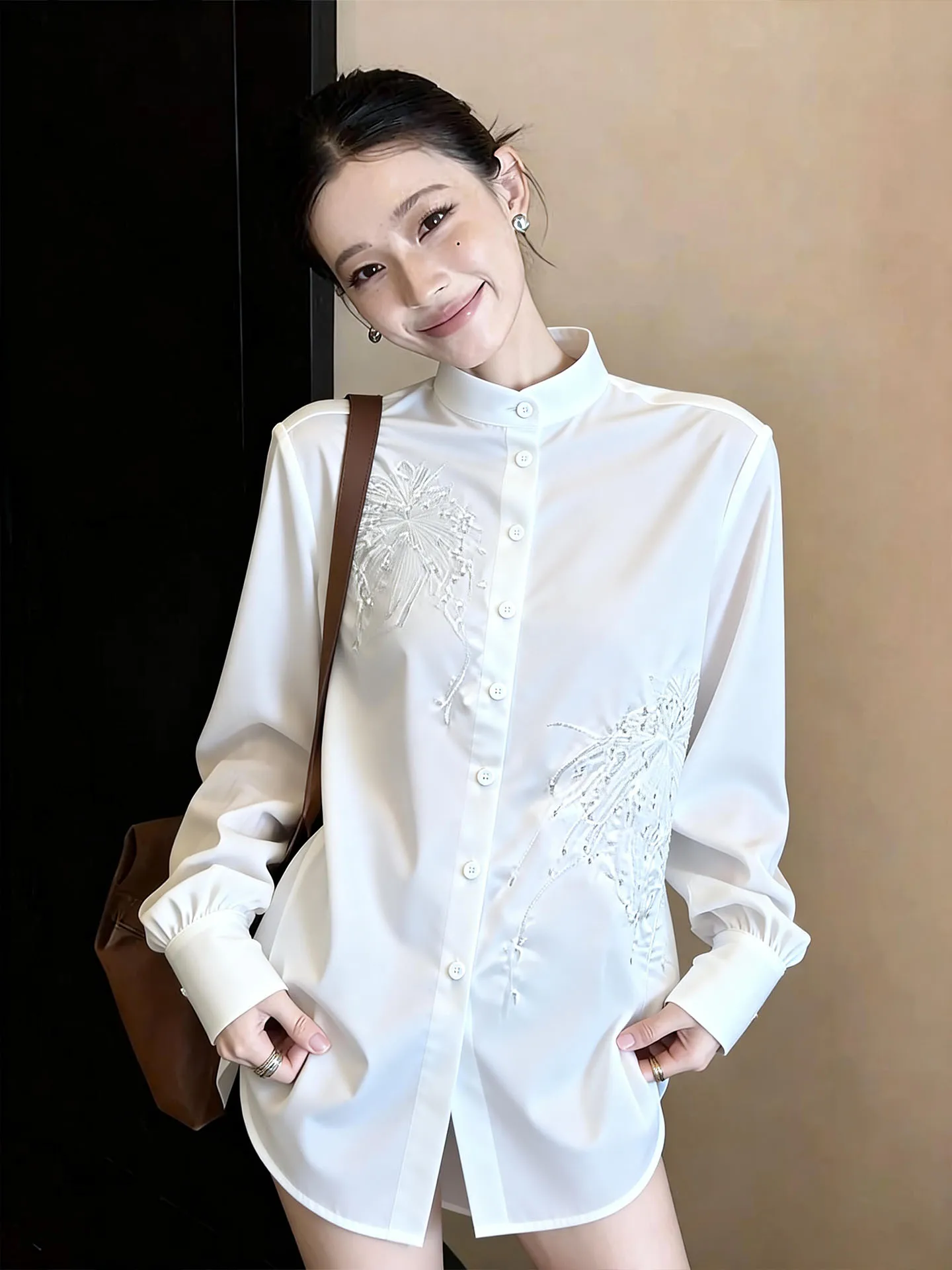 

Ele White Embroidered Long Sve Stand Collar irt Women's Faion Design Spring New Sle Ladylike Commute Sle irt