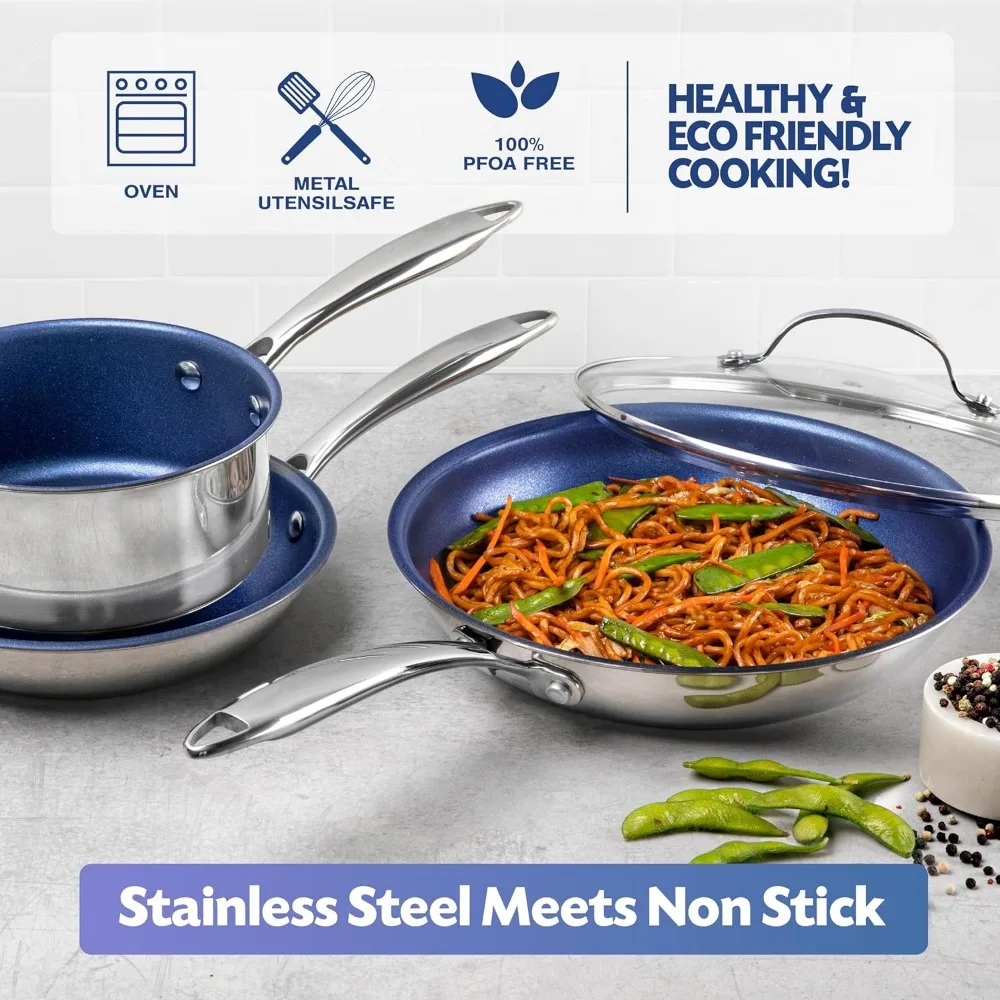 

Набор из 2 керамических сковородок с антипригарным покрытием, сковороды из нержавеющей стали размером 10 и 11,5 дюймов для домашней кухни, безопасные для индукции