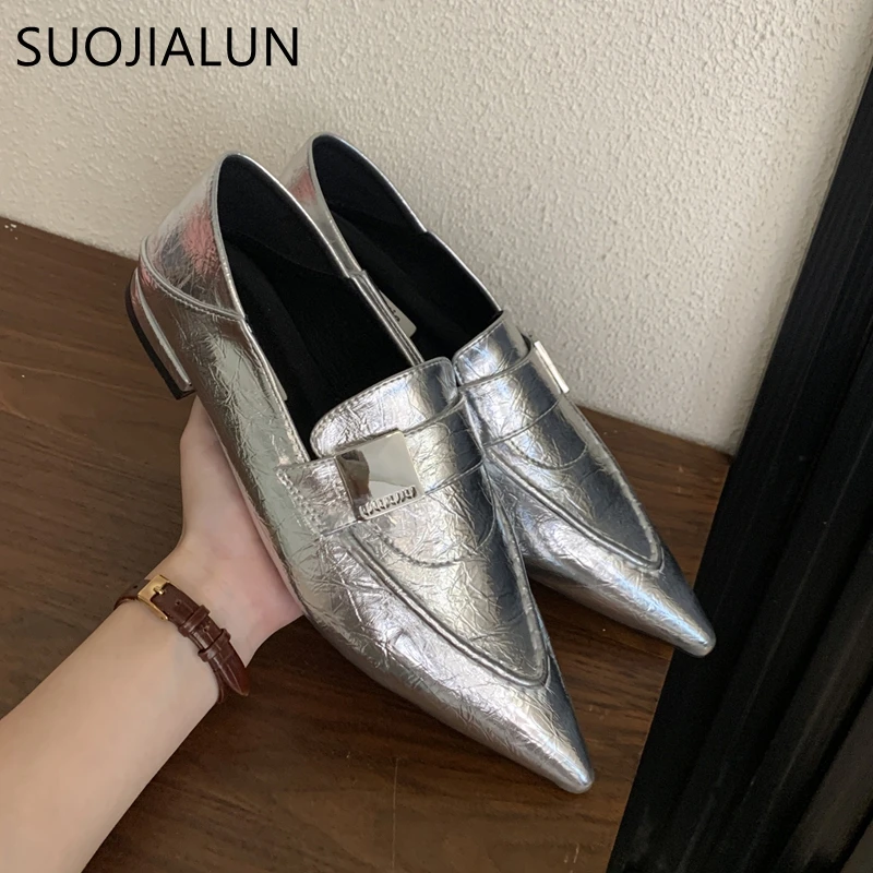 SUOJIALUN 2024 Autumn Women Flat Shoes Fashion Pointed Toe Buckle Ladies Elegant Laofer Shoes Square Low Heel Casual Single Shoe