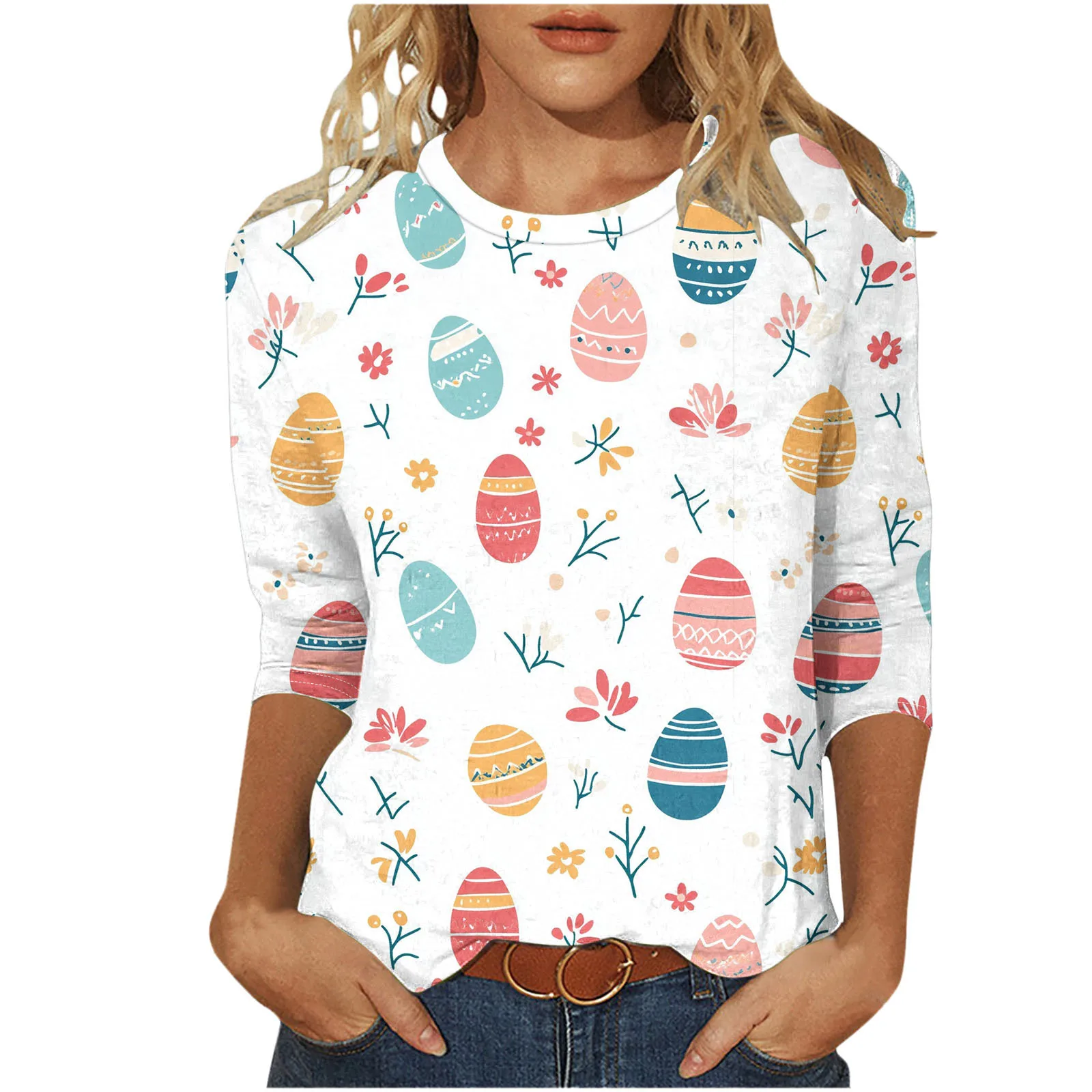 Women's Easter 3D Digital Printing Crew Neck 3/4 Sleeve T-Shirt Loose Top