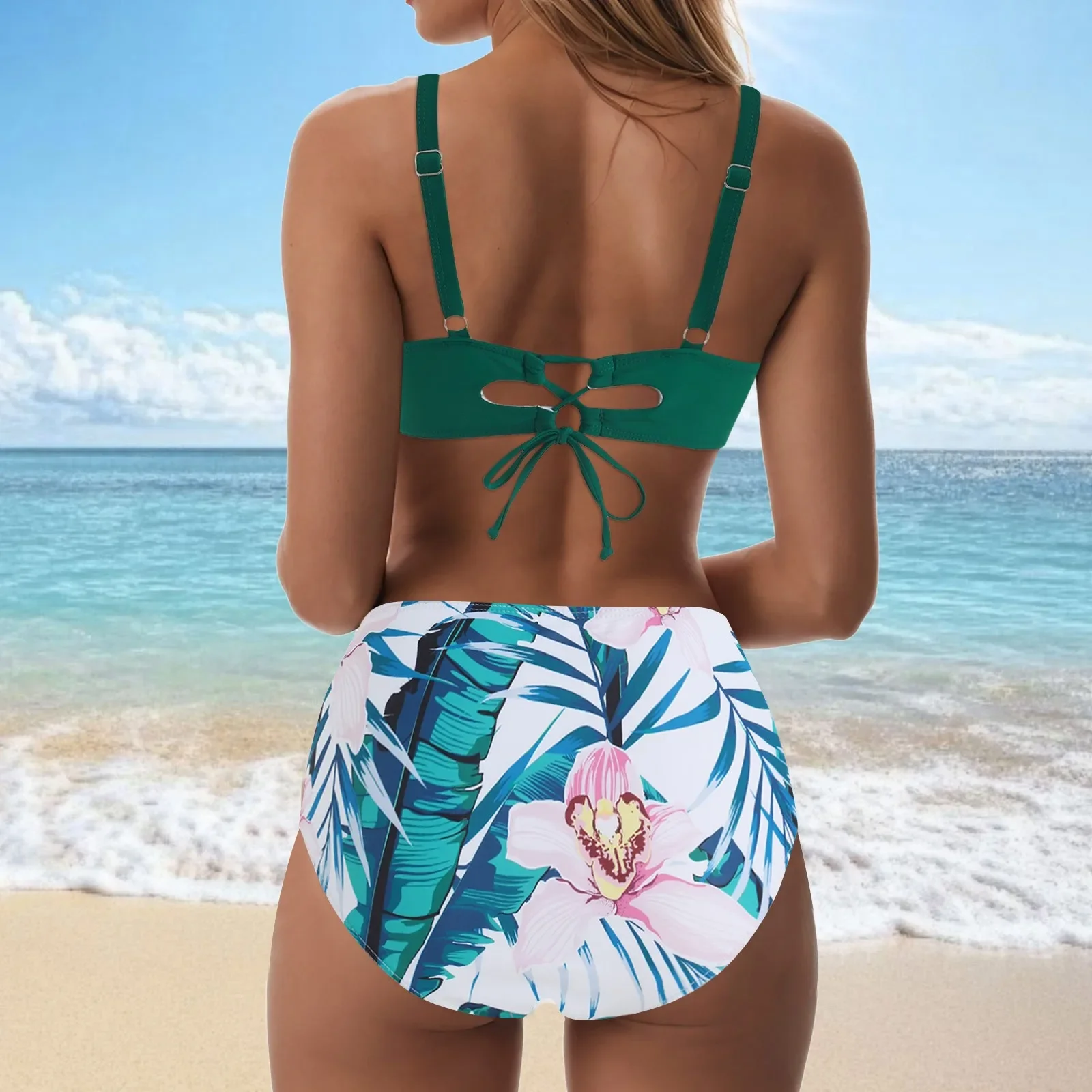 المرأة الصلبة اللون منفصلة ملابس الشاطئ بيكيني المرأة قطعتين عالية الخصر مجموعة البكيني ملابس السباحة التغطية الكاملة ثوب السباحة بيكيني