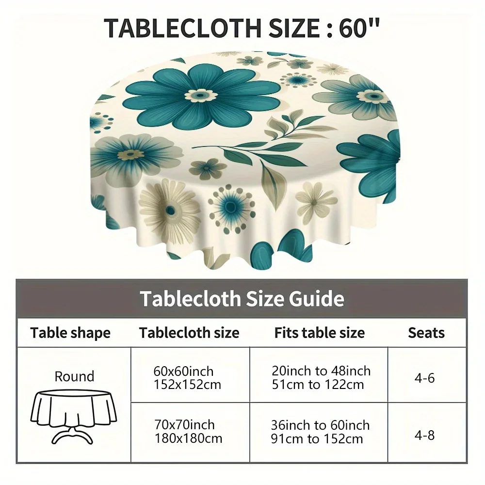 One piece of greenish-blue floral round tablecloth - lightweight round table cover, mechanismxzj