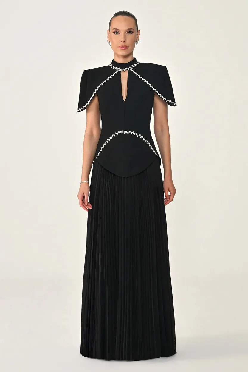 Evening Dress Black High Neck Keyhole Cape Sleeve Rhinestone Trim Fitted Bodice Pleated Chiffon Maxi Formal Prom Dress Elegant P