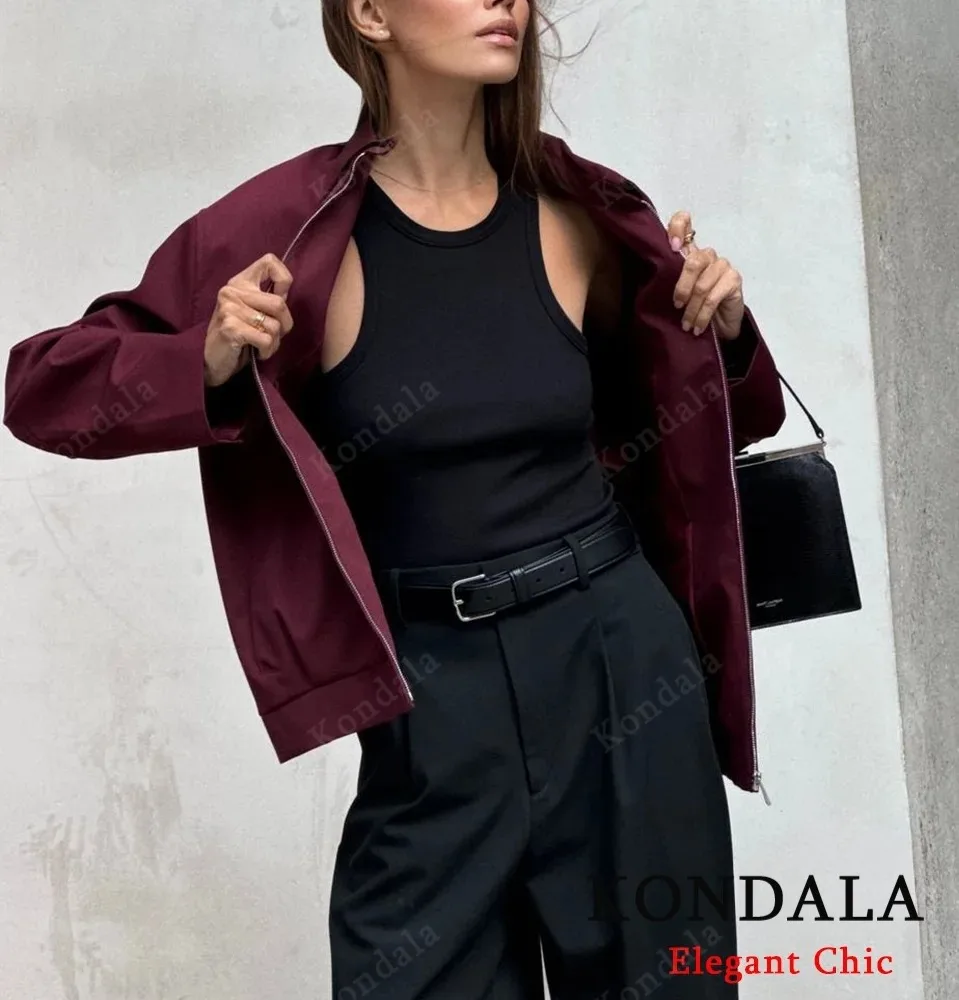 KONDALA Women Vintage Loose Lapel Jacket Burgundy Color Zipper Jacket New 2025 Spring Autumn Stylish Versatile Casual Jacket
