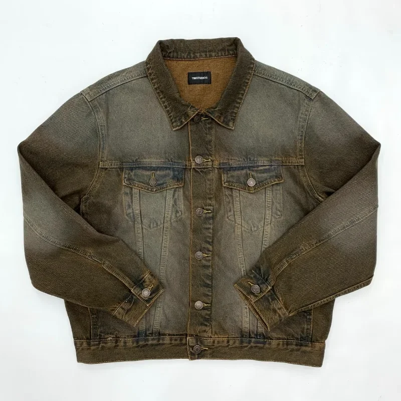 

Spring and Autumn Heavy Wash Distressed Denim Jacket for Men American Retro Short-Length Denim Coats Maillard Style Outerwear
