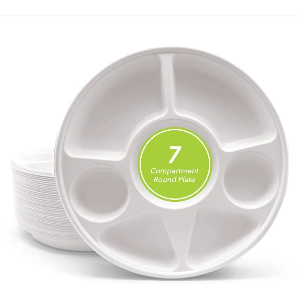 7 ROUND PLATE, 200 Ct.Duty- Super Strong-Natural- Eco-Friendly Disposable Bagasse Plates,100% Biodegradable 7 compartment plates