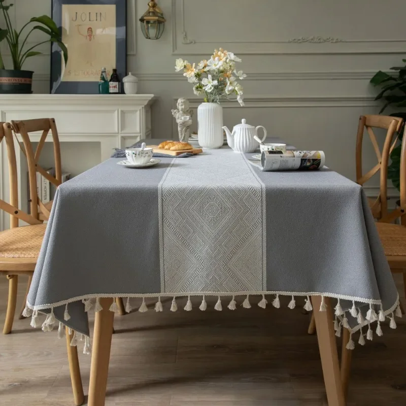 Cotton Geometric Jacquard Fabric Tablecloth Linen Rectangular Home Decoration Table Cover With Tassel For Banquet Party Nappe