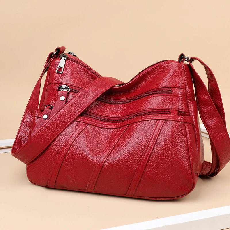 High Quality Shoulder Bags for Women New Multiple Zippers Designer Leather Bag Casual Red Color Crossbody Bags