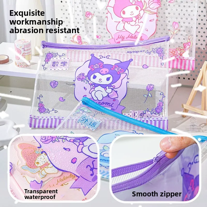 Kuromi A4 Zipper File Bag Mesh Document Pouch Transparent Subject Organizer for Exam Papers School Supplies Storage Sanrio Cute view 2