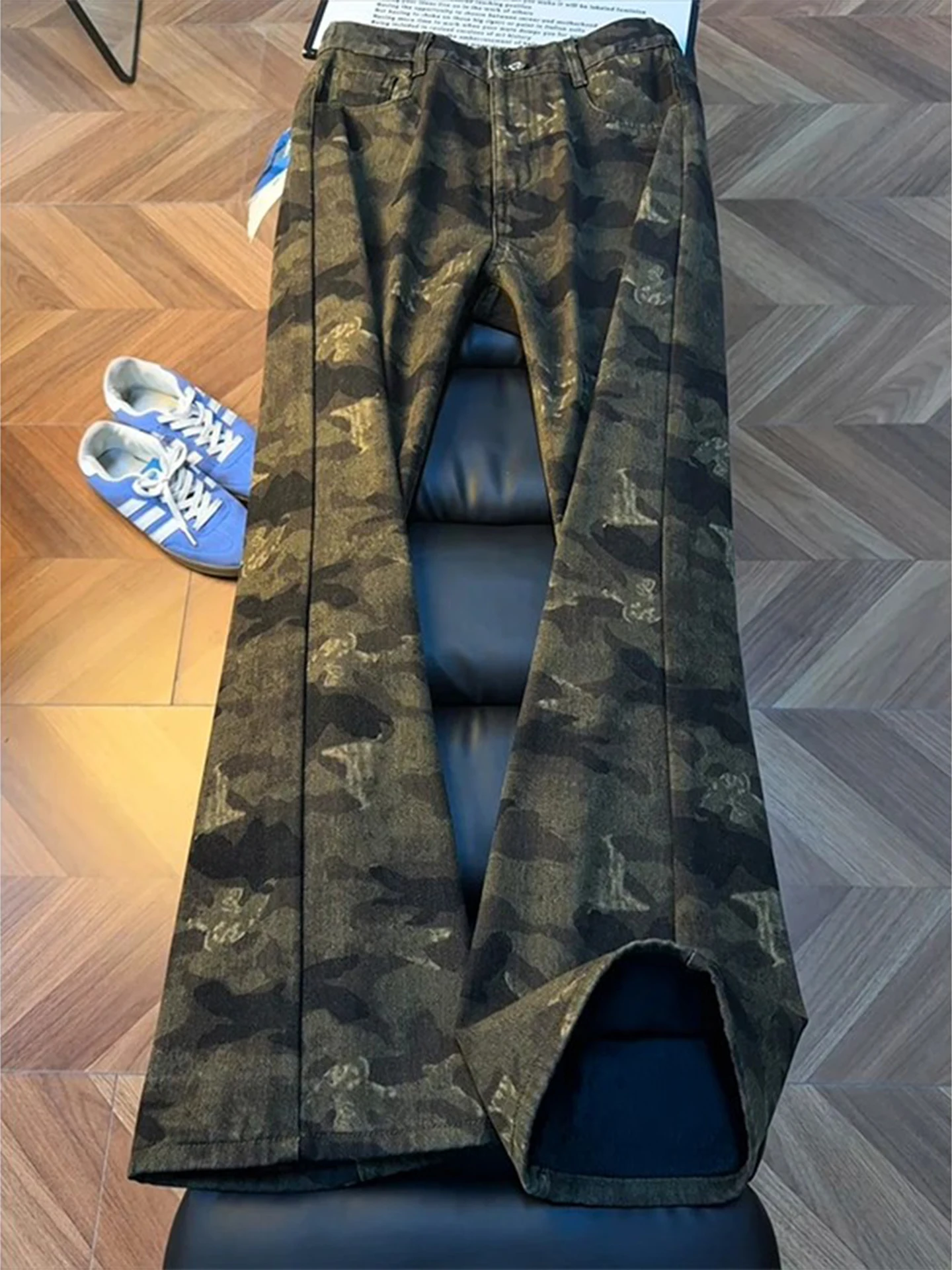 

American Retro Camouflage Thiened Fce High Waist Slim Fit Workwear Jeans Men's Winter High Street Pants Bell Bot