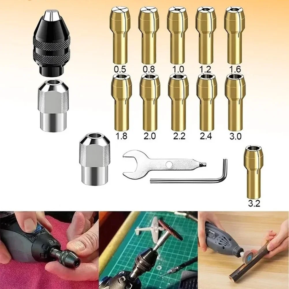 16pcs Drill Chuck Collet Set 0.5-3.2mm Electric Drill Bit Collet Slim Open-end Spanner L-wrench Drill Chucks For Rotary Tool