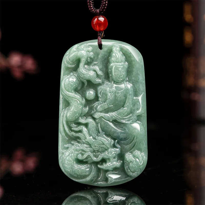 

Jia Le/ Hand Carved/ Natural Jade Riding The Dragon Guanyin Necklace Pendant Fashion Emerald Personalized Men Women Couple Gift