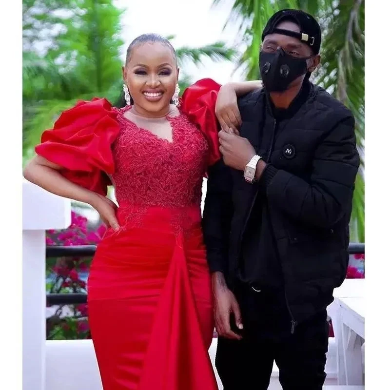 Elegant African Mermaid Dresses Sheer Neck Applique Beaded Prom Formal Dress vestido longo Pleated Sleeves Evening Party Gown