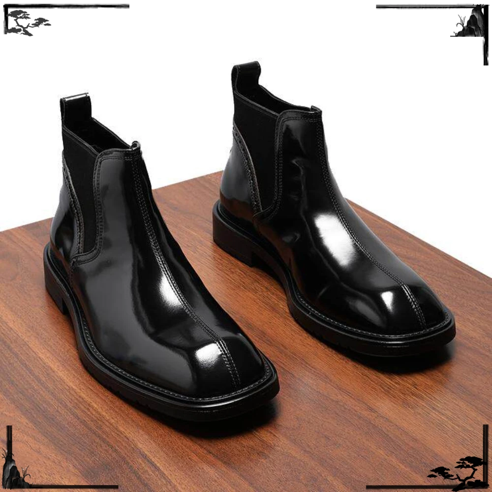 Genuine Leather Boots for Men Fashion Square Toe High Top Leather Shoes Shiny Surface Fleece Lined Short Ankle Boots