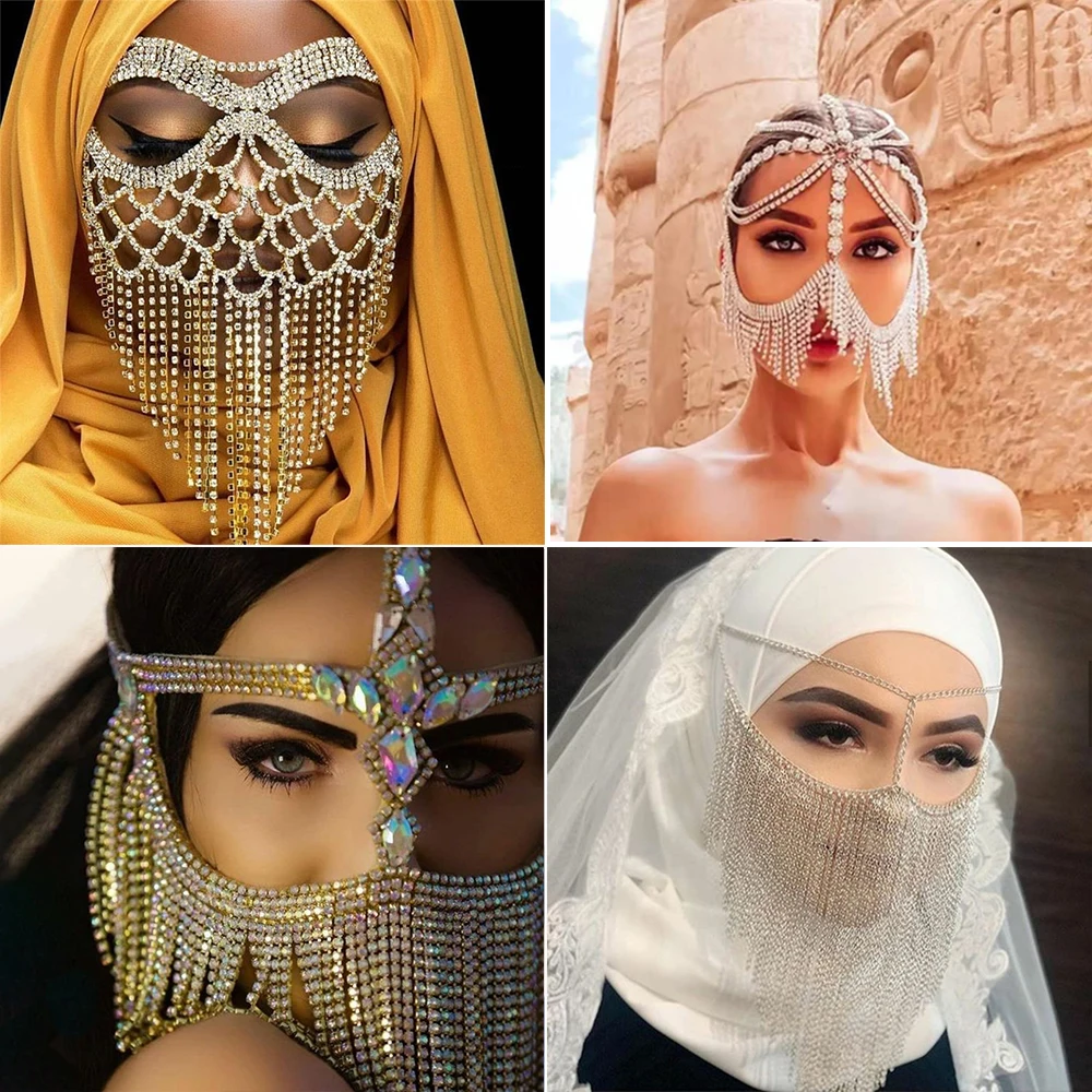 حجر الراين شرابة حفلة تنكرية مجوهرات الوجه للنساء اكسسوارات الوجه حفلة الهالوين مثير قناع سلسلة الديكور حجاب الزفاف