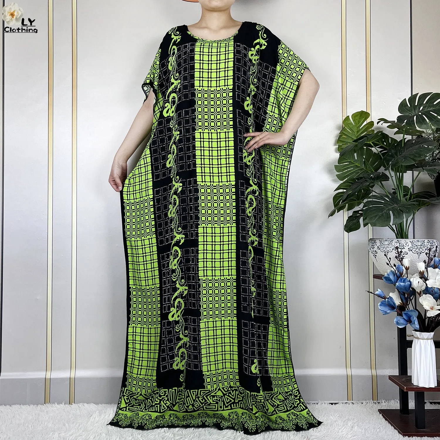 New Muslim Summer Short Sleeve Cotton Dresses With Big Scarf Loose Fashion Printing Casual Robe African Maxi Women Abaya Clothes