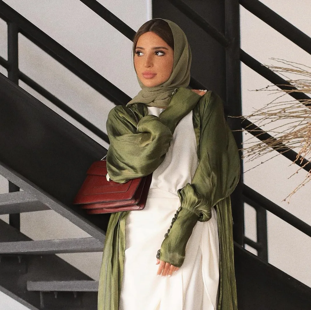 Turkish Gowns For Women Dubai Arabian Dress Army Green Silk Satin Cardigan Robe Mushroom Button Sleeves Muslim Outwear