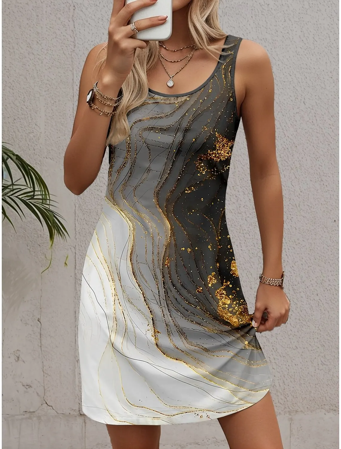Image of Ärmelloses Damen-Tanktop-Minikleid mit Rundhalsausschnitt, A-Linie, bedruckt, Rot, Lila, Grün, Grau, lockeres, lässiges Sommerkleid für den täglichen Gebrauch