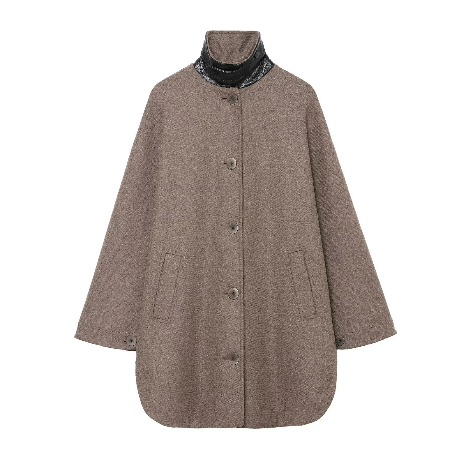 

Autumn Winter New Women Casual Fashion Simple Design Layered Decorative Button-Down Color-Blocked Female High-Neck Coat