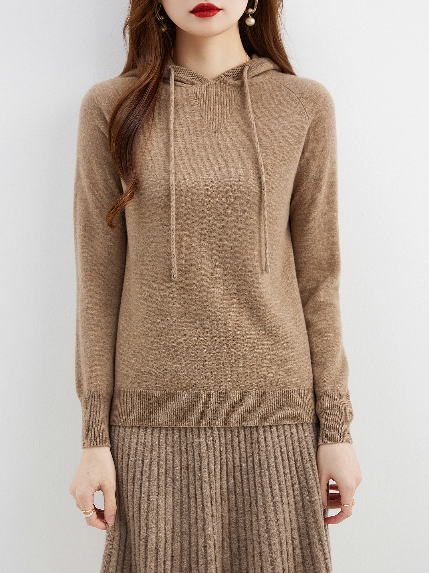 Suéter de manga comprida feminino 100% lã merino, moletom com capuz, tops quentes, pulôver de malha, roupa feminina, outono, inverno, 2023