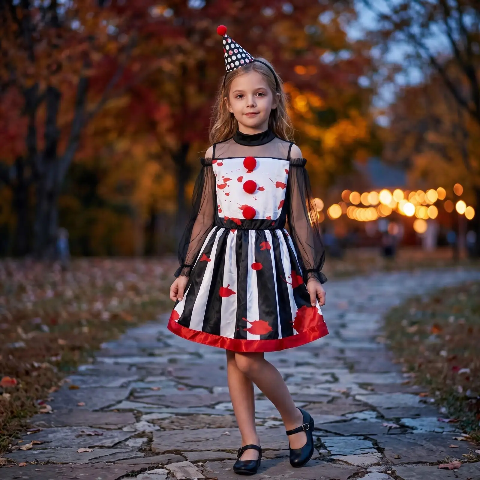 Reusable Clown Costume with Headpiece | Black and White Stripes, transparent Mesh Sleeves, Clown Dress, for Halloween