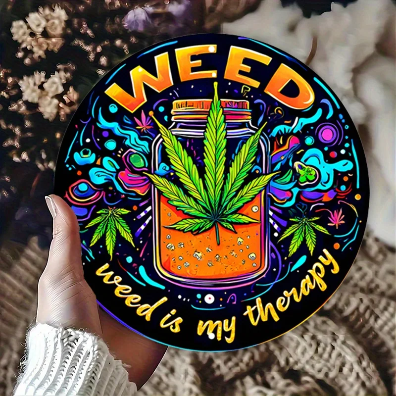 1 علامة قصدير معدنية من الألومنيوم مخدر ، علامة ألومنيوم مستديرة على شكل قنب ، علامة ألومنيوم مستديرة ملونة-فن جدار معدني مريح #4