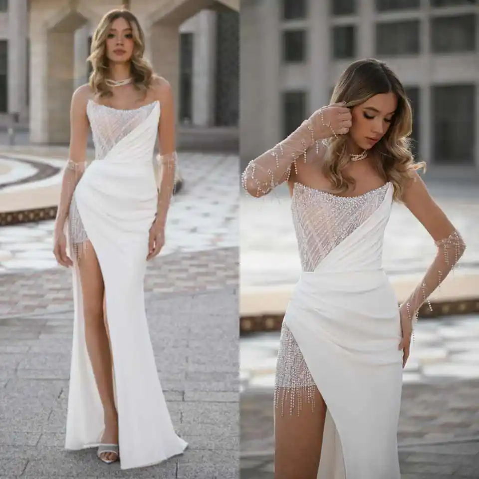 Vestidos de noche elegantes, sin tirantes, con corsé adornado con cuentas, mangas de tul con flecos, diseño cruzado, fruncido, abertura lateral alta, corte sirena, para cócteles y banquetes, personalizados.