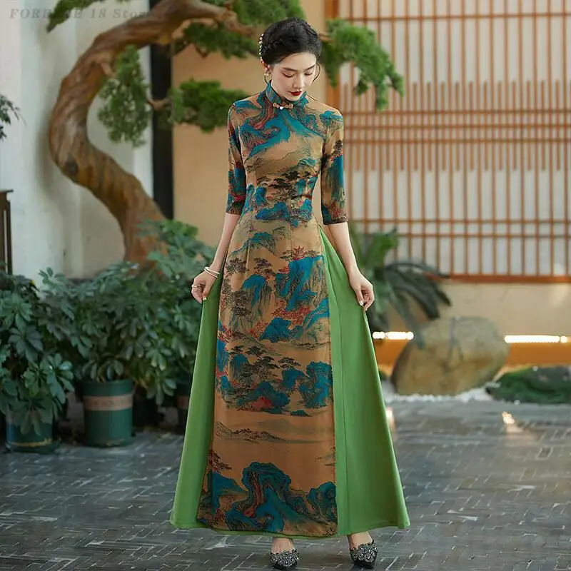 

Новый китайский стиль Ao Dai Qipao, большой размер 5XL, традиционное платье, женский элегантный винтажный длинный костюм Cheongsam для танцев