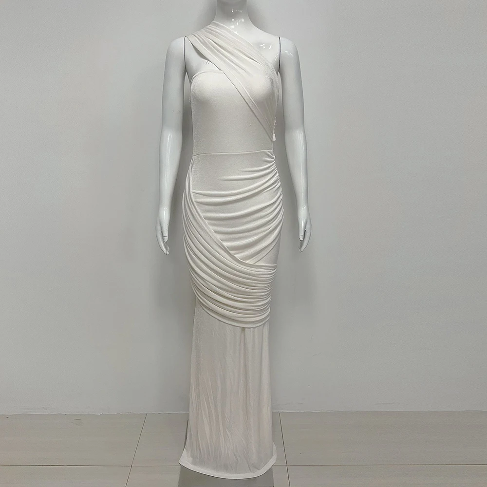Modphy Fashion Slimming Spliced Fold One Shoulder Long Mermaid Dresses For Women Sleeveless Irregular Dress Female New