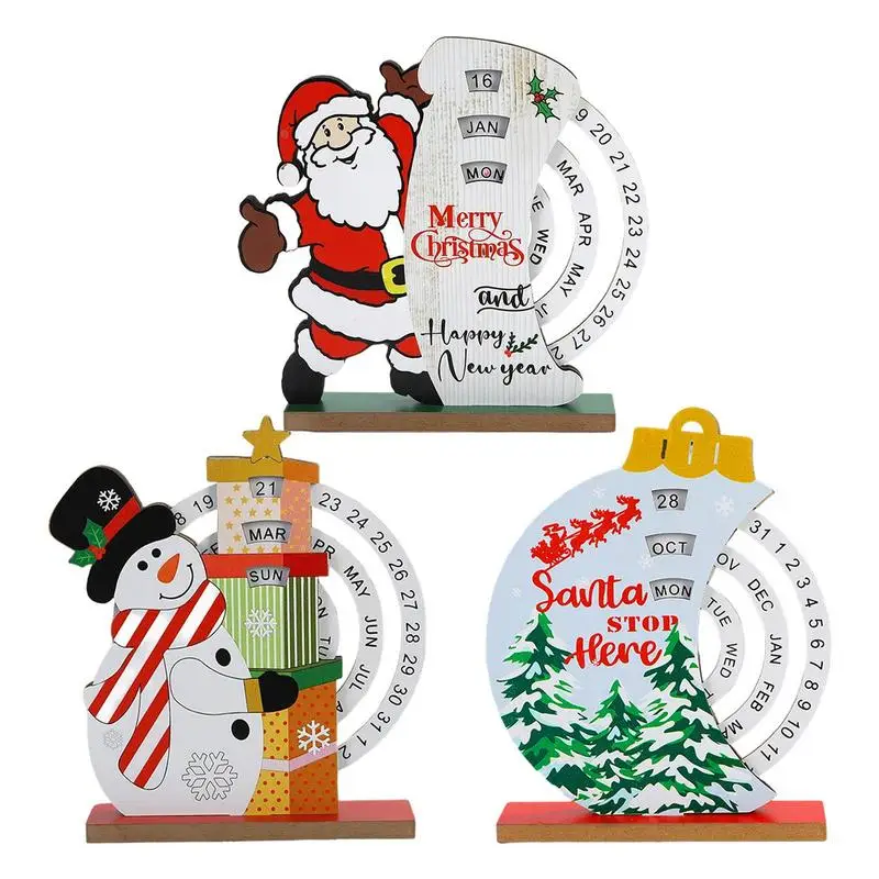 Christmas Perpetual Calendar Manual Rotating Wooden Block Calendar Santa Claus Bell Snowman Desk Calendar of Month Week Date