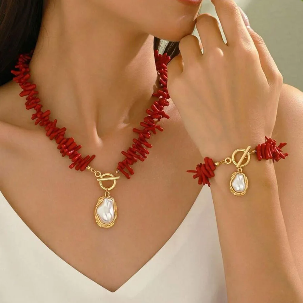 Conjunto de gargantilla/pulsera con colgante de perla barroca de Coral rojo y imitación, conjunto de joyería de boda con dije Tropical bohemio atrevido para mujer