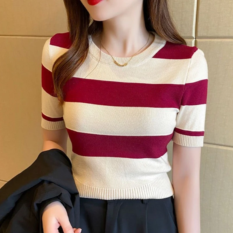 Shintimes Striped O Neck Pullover Women Short Sleeve T Shirt Summer Crop Tops Knitted Tshirts Korean Fashion Womens Clothing