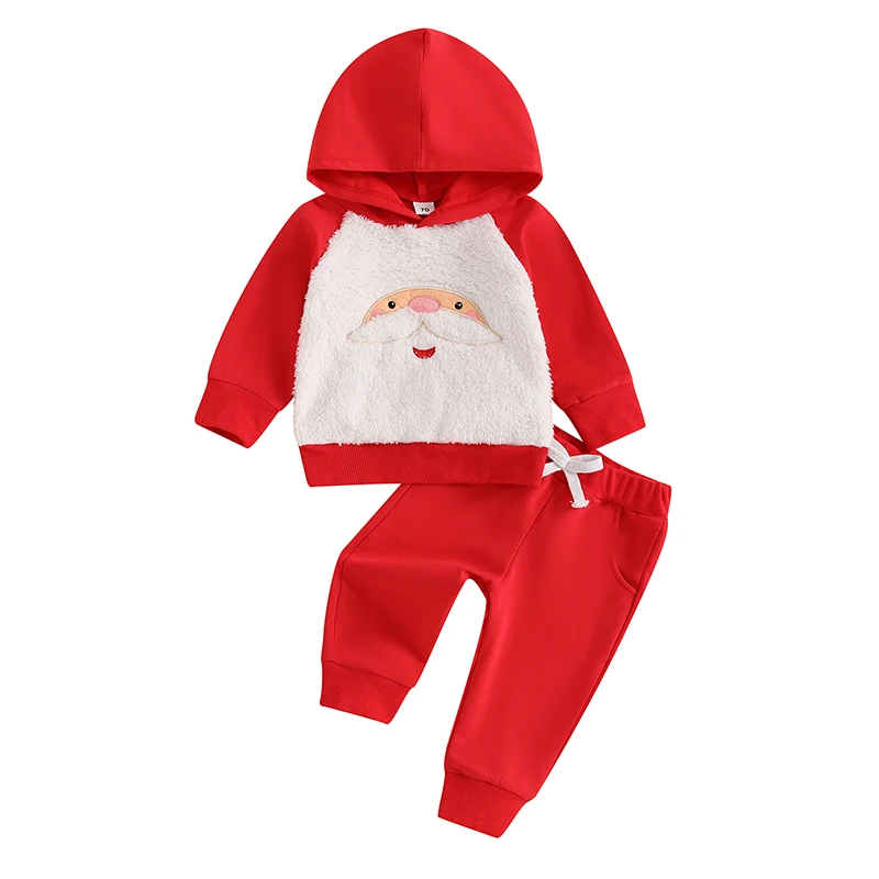 Toddler Boys Girls Christmas Outfits Santa Embroidery Long Sleeve Hoodie with Elastic Waist Pants 2Pcs Tracksuits