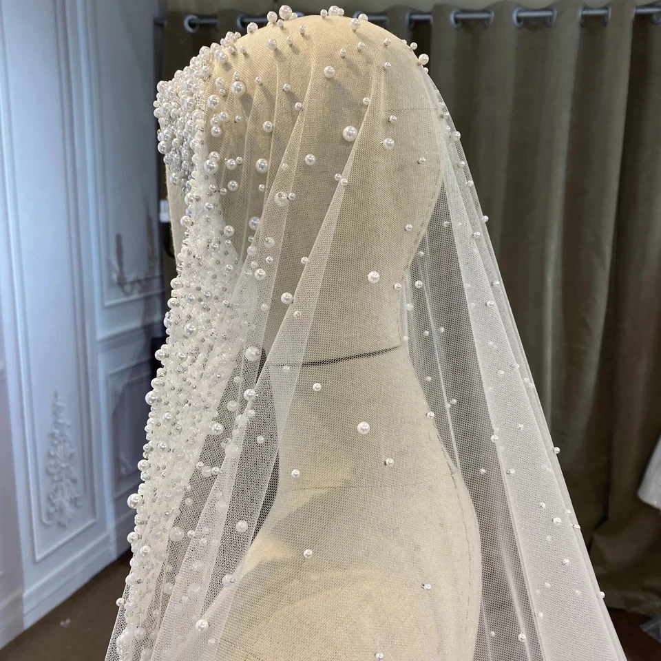 럭셔리 긴 신부 베일 화이트 아이보리 샴페인 아플리케 빛나는 웨딩 베일 우아한 대성당 길이 웨딩 액세서리