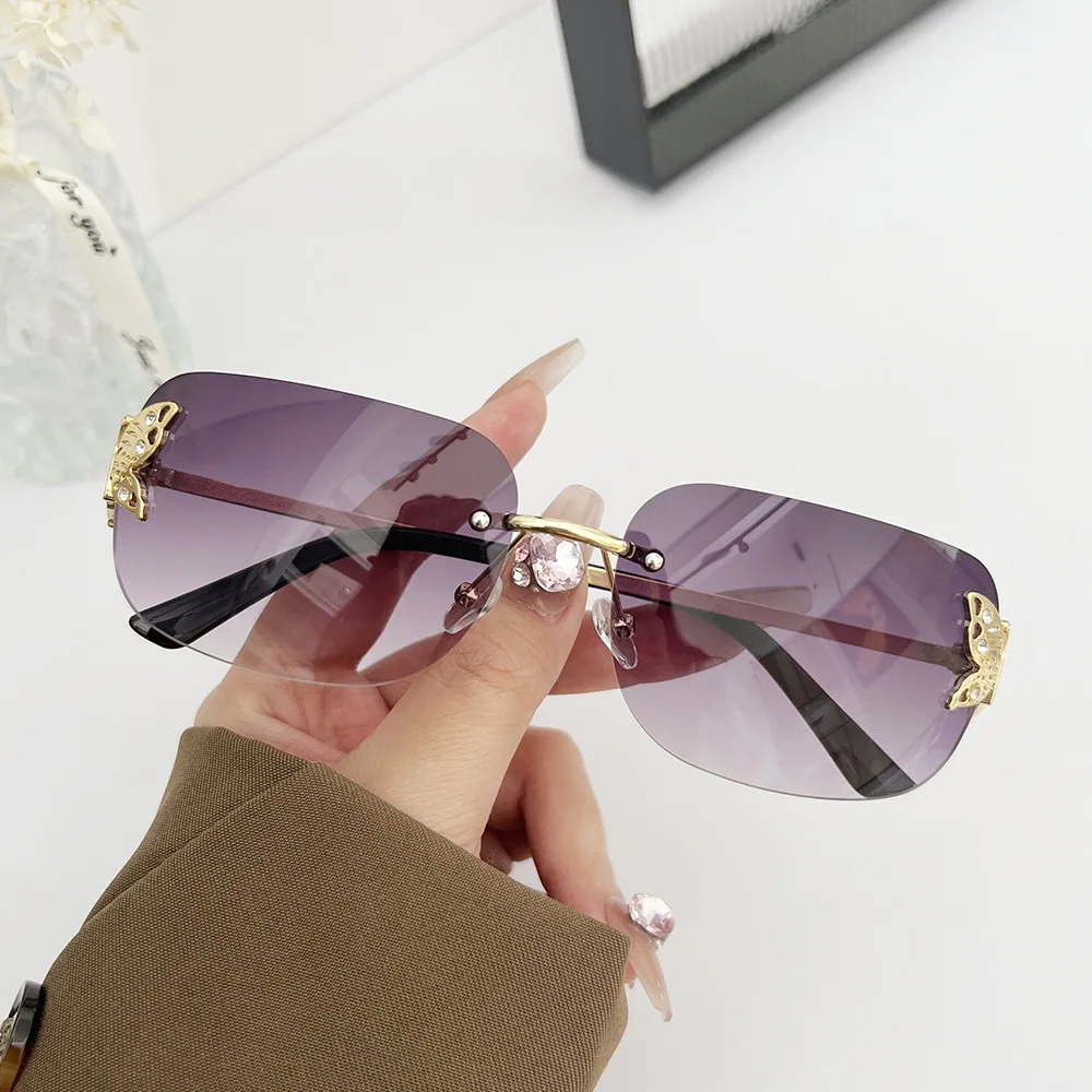 New Y2K Rimless Butterfly Square Sunglasses Women For Men Vintage Sun Glasses Luxury Brand Designer Steampunk Pink Shades UV400