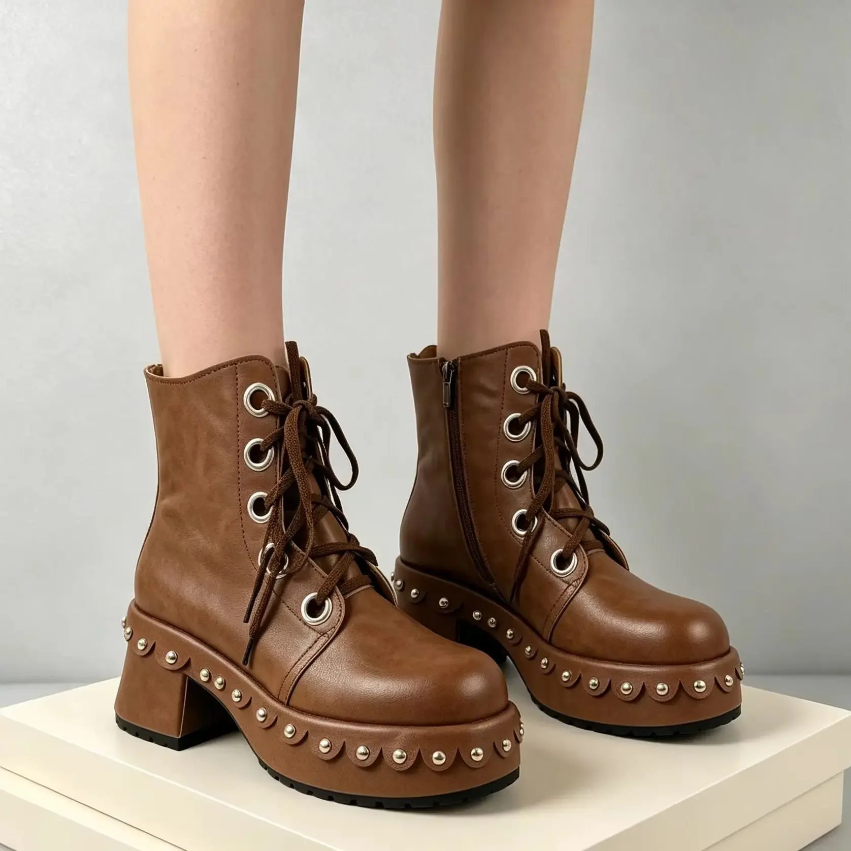 Leather Metallic Rivet Platform Heels Boots Lace up  Slouchy Low Calf Daily Round Toe High Street  Buckle Women  Shoes