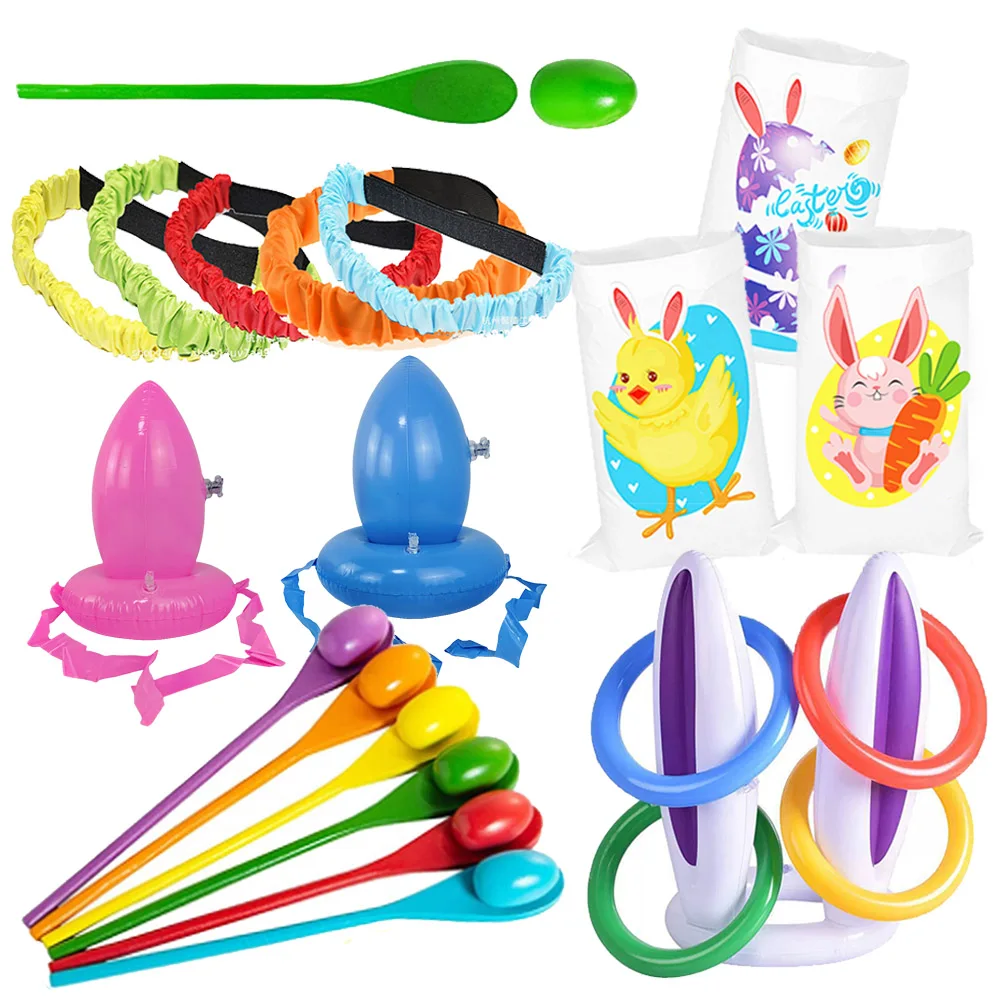 Easter Theme Party Game Inflatable Balance Egg Spoon Jump Bag Potato Sack Rabbit Ear Throw Game Ferrule Ring Toss Leg Straps