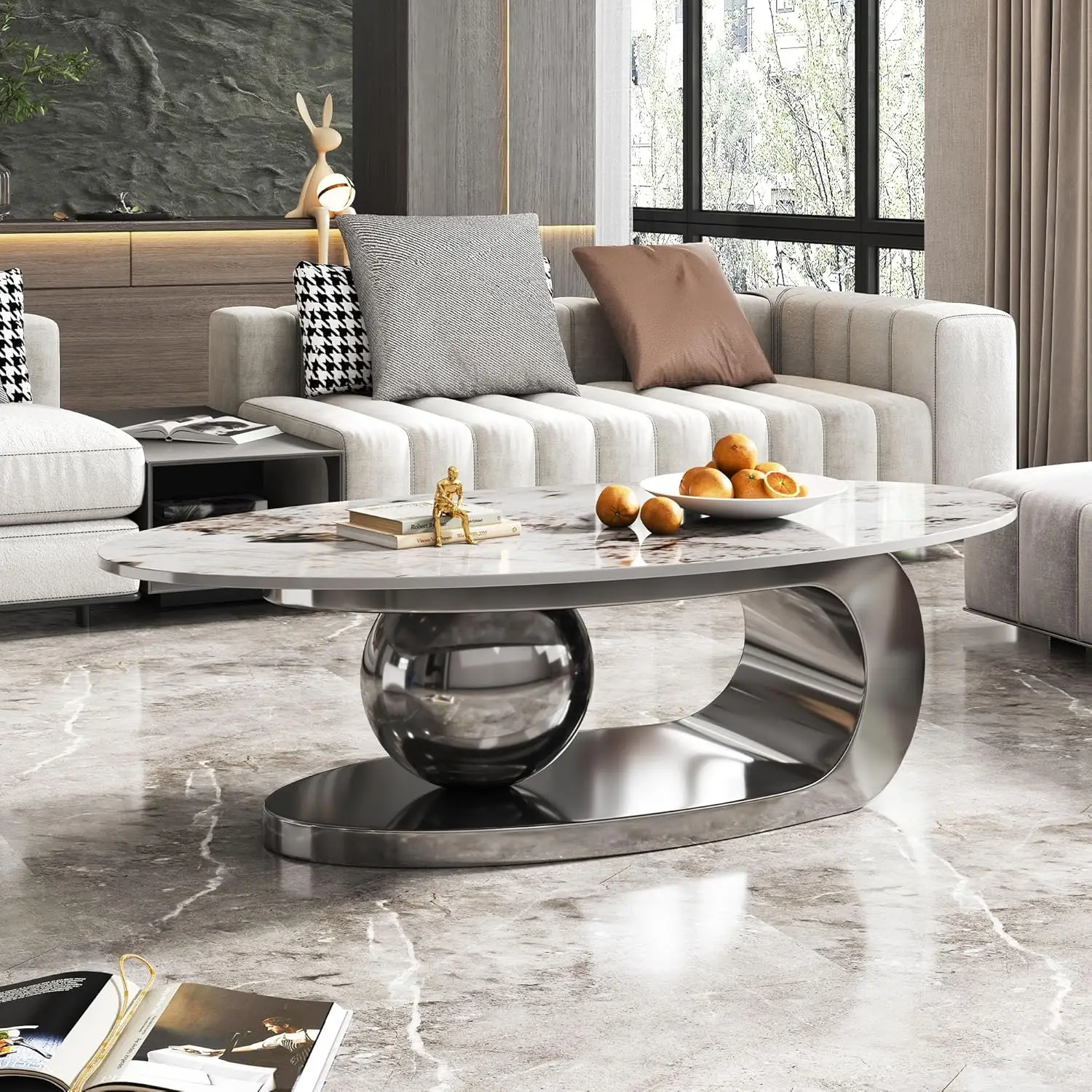 

Oval Faux Marble Coffee Table 51" Geometric Stainless Steel Base White Silver Living Room Bedroom, Customized