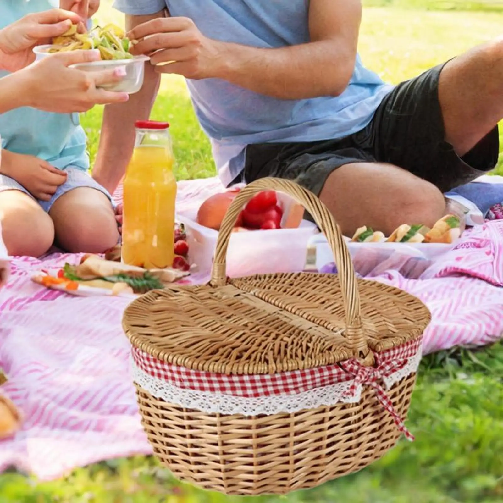 Rattan Picnic Basket with Double Opening Lid Sturdy Woven Storage Washable Liner for Camping Beach Barbecue Use