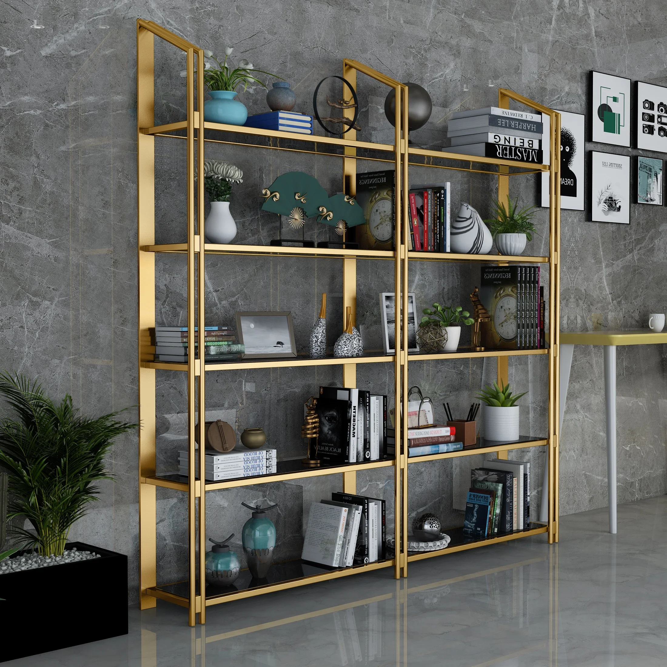 Luxurious wrought iron bookshelf, floor office, simple gold stainless steel.